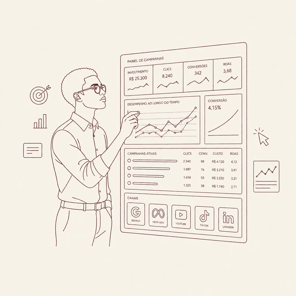 Estrategista de marketing analisando o painel de campanhas